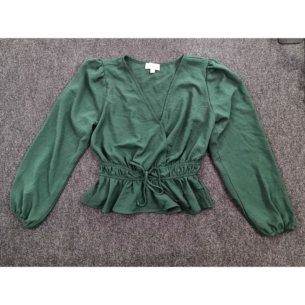 London Rose Green Wrap V-Neck Peplum Blouse Tie Waist Balloon Sleeve Top S